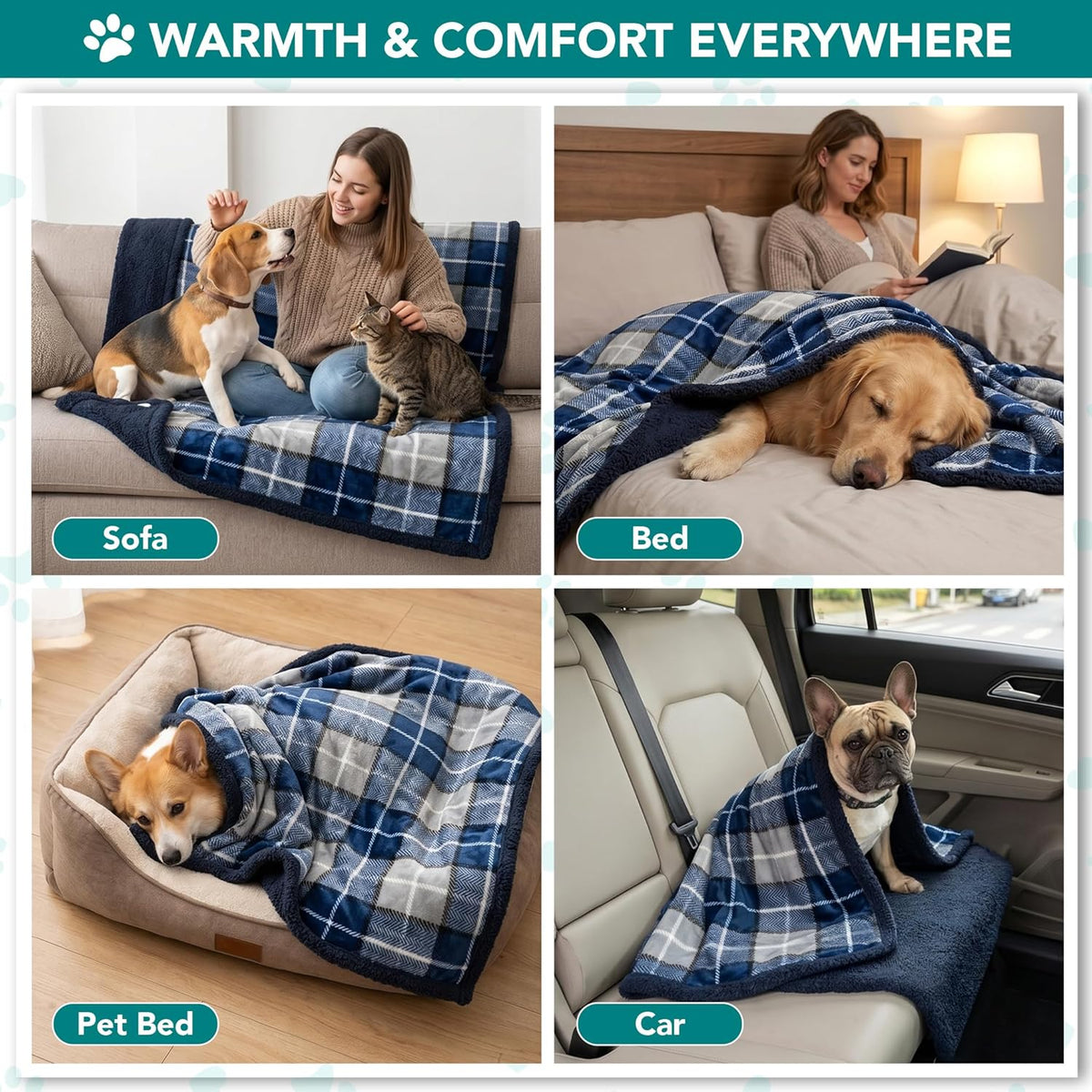 Dog Blanket for Large Medium Pet Cat, 80X60 Twin XL, Plaid Navy Blue | 460 GSM, Soft Sherpa Fleece Throw, Reversible Plush Couch Cover Protector Crate Carrier Sofa Bed Car Seat, Machine Washable