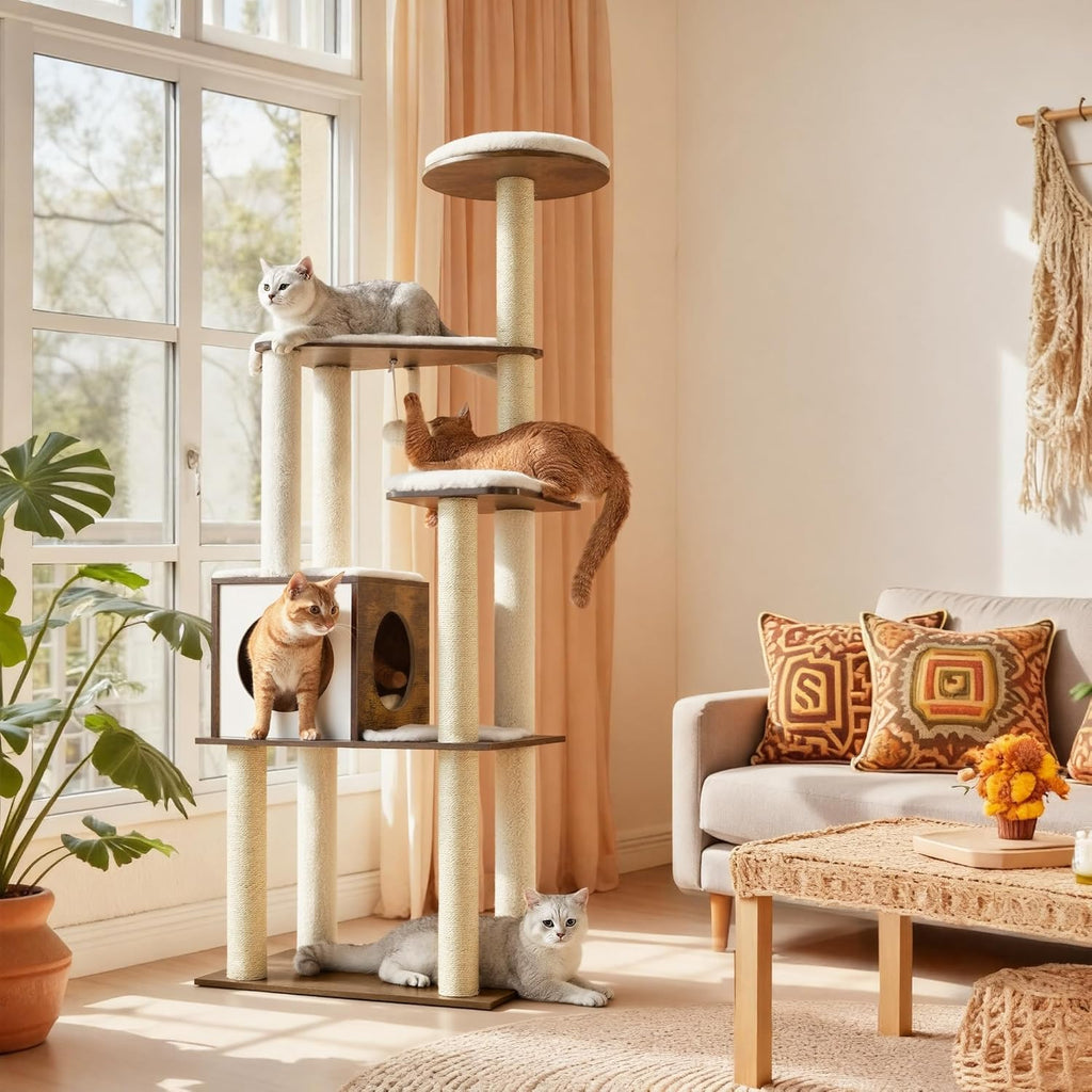 Cat Tree, 64.6-Inch Modern Cat Tower, Multi-Level Condo with 5 Scratching Posts, Perch, Washable Removable Cushions, Cave, Rustic Brown UPCT166X01 | Modern Cat Condo for Indoor Cats, Perch, Washable Removable Cushions, Rustic Brown, CAEN Collection UPCT166X01