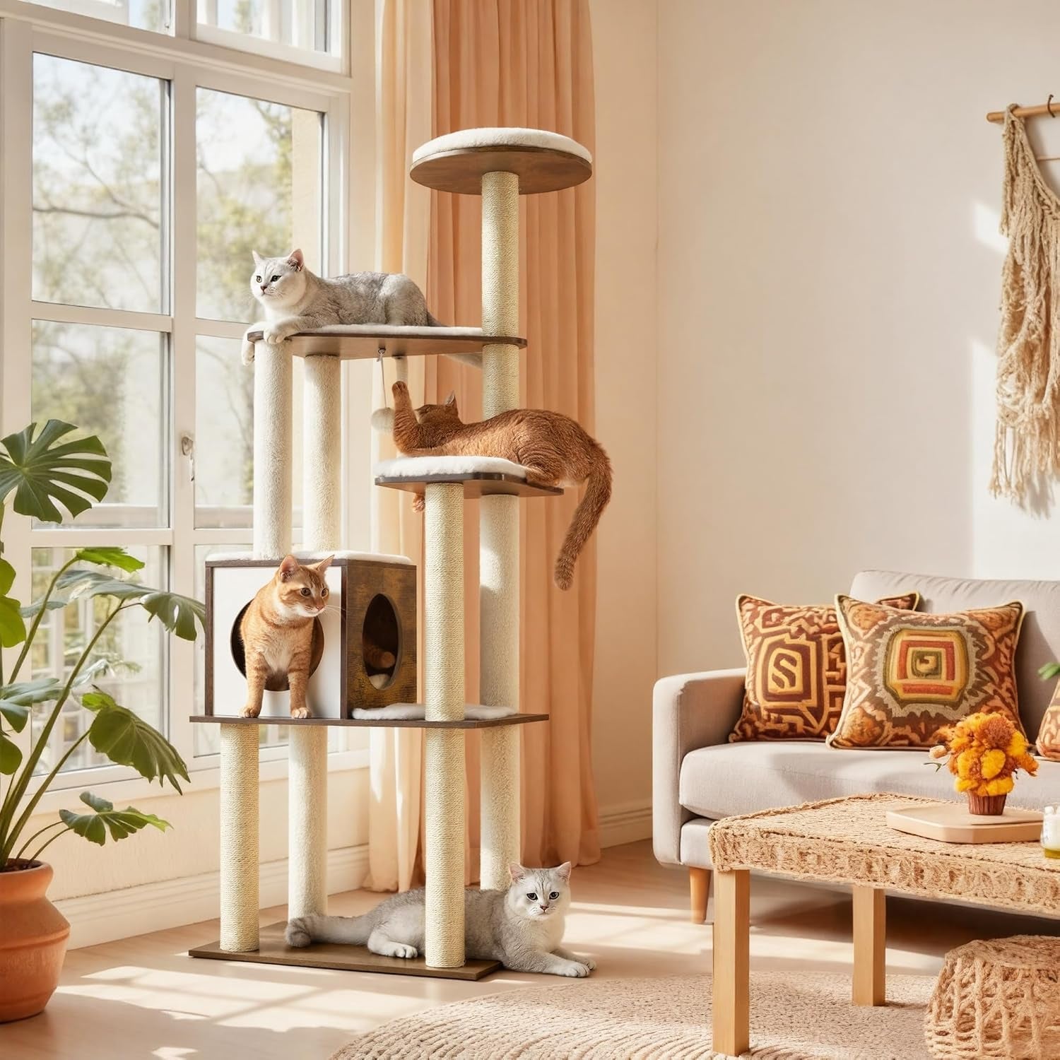 Cat Tree, 64.6-Inch Modern Cat Tower, Multi-Level Condo with 5 Scratching Posts, Perch, Washable Removable Cushions, Cave, Rustic Brown UPCT166X01 | Modern Cat Condo for Indoor Cats, Perch, Washable Removable Cushions, Rustic Brown, CAEN Collection UPCT166X01