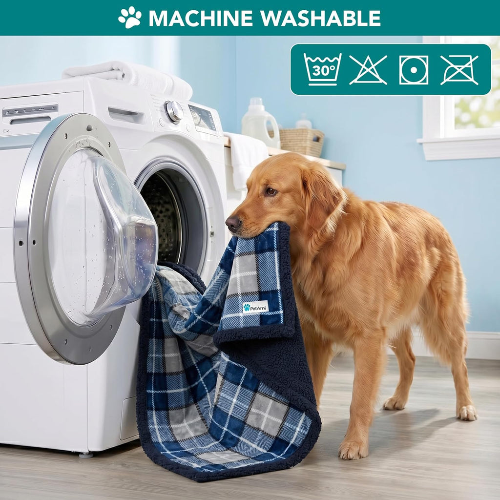 Dog Blanket for Large Medium Pet Cat, 80X60 Twin XL, Plaid Navy Blue | 460 GSM, Soft Sherpa Fleece Throw, Reversible Plush Couch Cover Protector Crate Carrier Sofa Bed Car Seat, Machine Washable