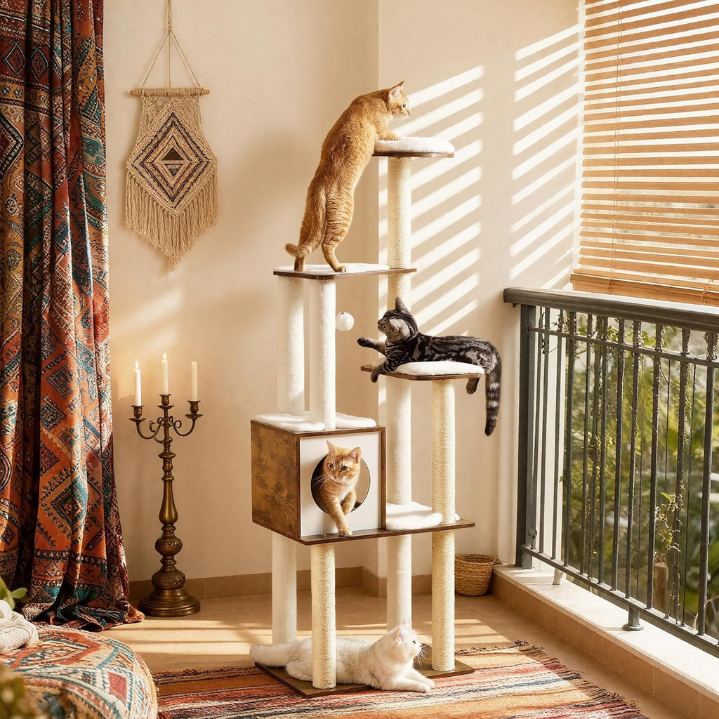Cat Tree, 64.6-Inch Modern Cat Tower, Multi-Level Condo with 5 Scratching Posts, Perch, Washable Removable Cushions, Cave, Rustic Brown UPCT166X01 | Modern Cat Condo for Indoor Cats, Perch, Washable Removable Cushions, Rustic Brown, CAEN Collection UPCT166X01