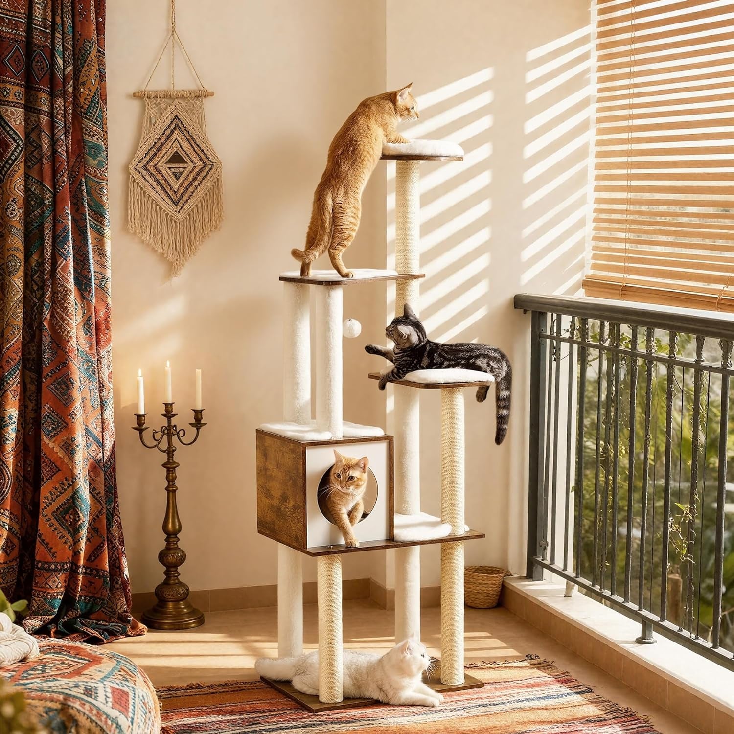 Cat Tree, 64.6-Inch Modern Cat Tower, Multi-Level Condo with 5 Scratching Posts, Perch, Washable Removable Cushions, Cave, Rustic Brown UPCT166X01 | Modern Cat Condo for Indoor Cats, Perch, Washable Removable Cushions, Rustic Brown, CAEN Collection UPCT166X01