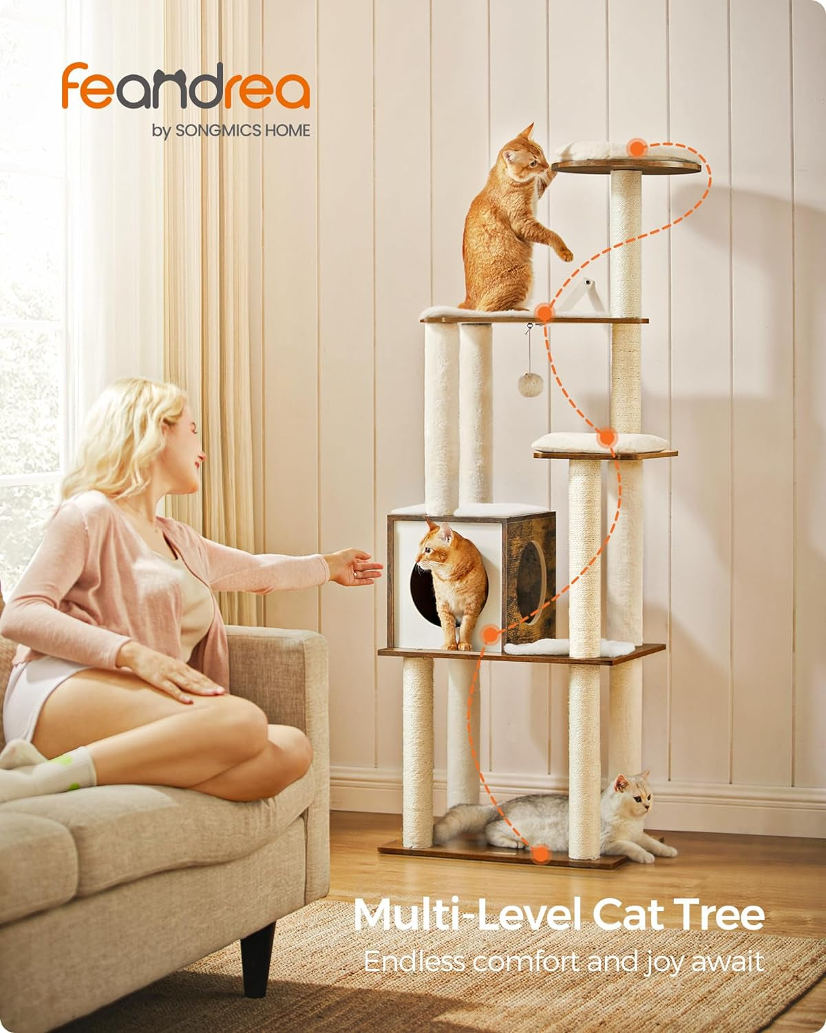 Cat Tree, 64.6-Inch Modern Cat Tower, Multi-Level Condo with 5 Scratching Posts, Perch, Washable Removable Cushions, Cave, Rustic Brown UPCT166X01 | Modern Cat Condo for Indoor Cats, Perch, Washable Removable Cushions, Rustic Brown, CAEN Collection UPCT166X01
