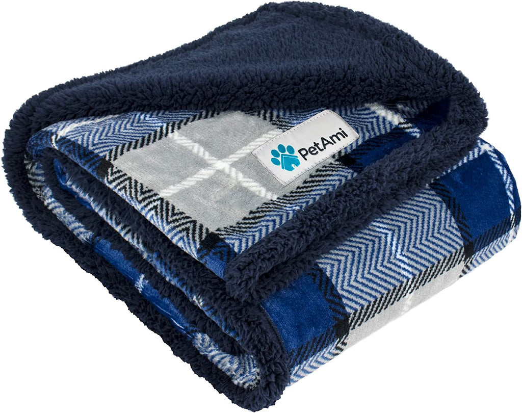 Dog Blanket for Large Medium Pet Cat, 80X60 Twin XL, Plaid Navy Blue | 460 GSM, Soft Sherpa Fleece Throw, Reversible Plush Couch Cover Protector Crate Carrier Sofa Bed Car Seat, Machine Washable