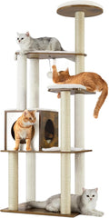 Cat Tree, 64.6-Inch Modern Cat Tower, Multi-Level Condo with 5 Scratching Posts, Perch, Washable Removable Cushions, Cave, Rustic Brown UPCT166X01 | Modern Cat Condo for Indoor Cats, Perch, Washable Removable Cushions, Rustic Brown, CAEN Collection UPCT166X01