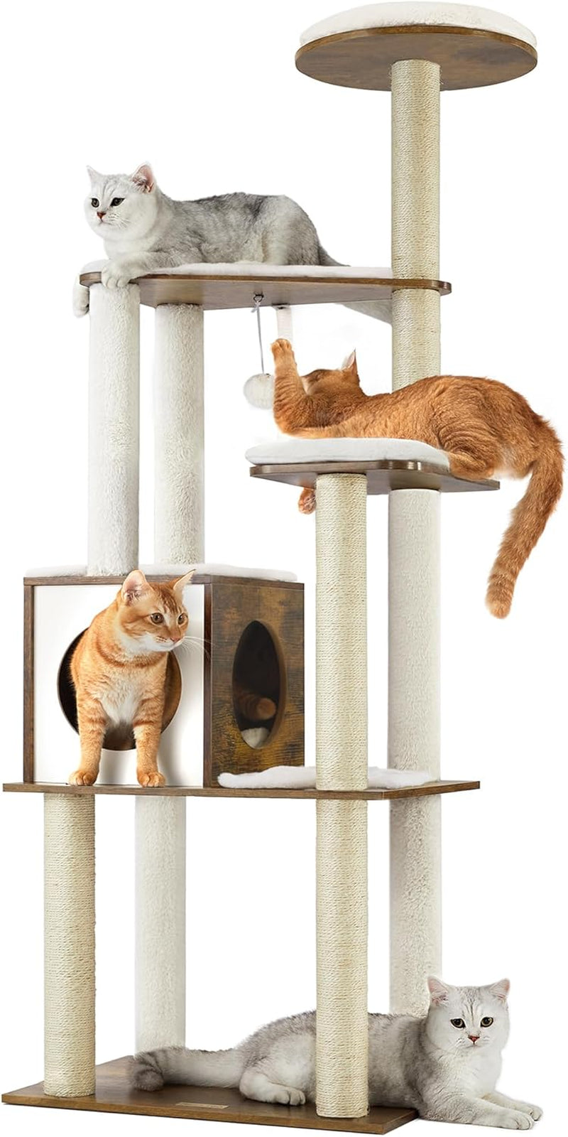 Cat Tree, 64.6-Inch Modern Cat Tower, Multi-Level Condo with 5 Scratching Posts, Perch, Washable Removable Cushions, Cave, Rustic Brown UPCT166X01 | Modern Cat Condo for Indoor Cats, Perch, Washable Removable Cushions, Rustic Brown, CAEN Collection UPCT166X01