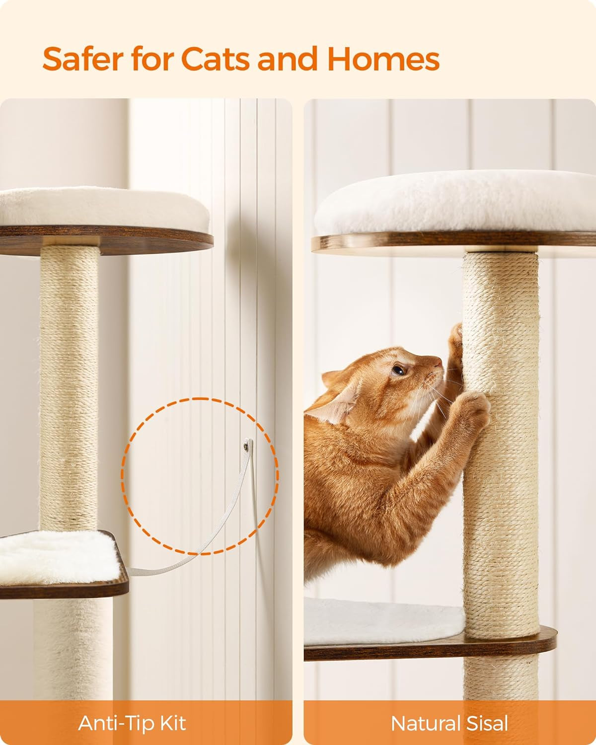 Cat Tree, 64.6-Inch Modern Cat Tower, Multi-Level Condo with 5 Scratching Posts, Perch, Washable Removable Cushions, Cave, Rustic Brown UPCT166X01 | Modern Cat Condo for Indoor Cats, Perch, Washable Removable Cushions, Rustic Brown, CAEN Collection UPCT166X01