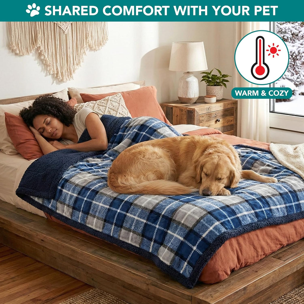 Dog Blanket for Large Medium Pet Cat, 80X60 Twin XL, Plaid Navy Blue | 460 GSM, Soft Sherpa Fleece Throw, Reversible Plush Couch Cover Protector Crate Carrier Sofa Bed Car Seat, Machine Washable