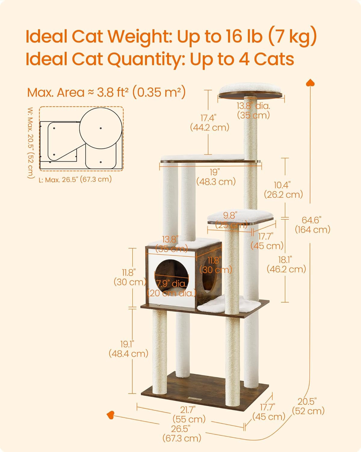 Cat Tree, 64.6-Inch Modern Cat Tower, Multi-Level Condo with 5 Scratching Posts, Perch, Washable Removable Cushions, Cave, Rustic Brown UPCT166X01 | Modern Cat Condo for Indoor Cats, Perch, Washable Removable Cushions, Rustic Brown, CAEN Collection UPCT166X01