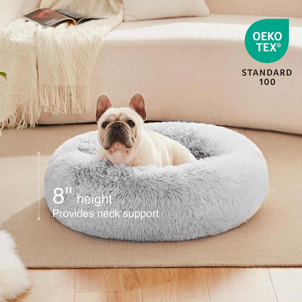 Calming Cat Bed for Indoor Cats, Anti-Anxiety Donut round Dog Bed,Fluffy Faux Fur Washable Pet Bed for Small Medium Dogs and Cats, Grey, 24In