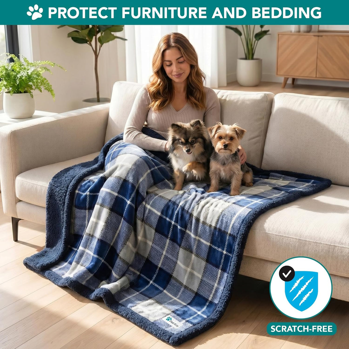 Dog Blanket for Large Medium Pet Cat, 80X60 Twin XL, Plaid Navy Blue | 460 GSM, Soft Sherpa Fleece Throw, Reversible Plush Couch Cover Protector Crate Carrier Sofa Bed Car Seat, Machine Washable