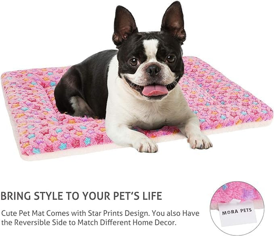 Dog Crate Pad Bed Ultra Soft Pet Mat Star Print Pink 29 X 21 Inch | Washable Crate Mat for Small Medium Large Dogs, Reversible Fleece Dog Crate Kennel Mat Flat Cat Bed Liner