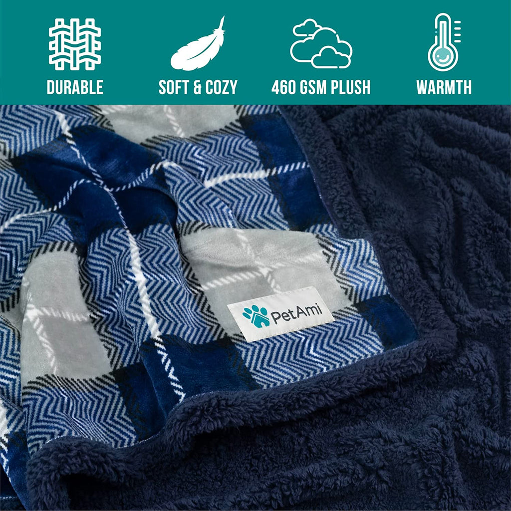 Dog Blanket for Large Medium Pet Cat, 80X60 Twin XL, Plaid Navy Blue | 460 GSM, Soft Sherpa Fleece Throw, Reversible Plush Couch Cover Protector Crate Carrier Sofa Bed Car Seat, Machine Washable