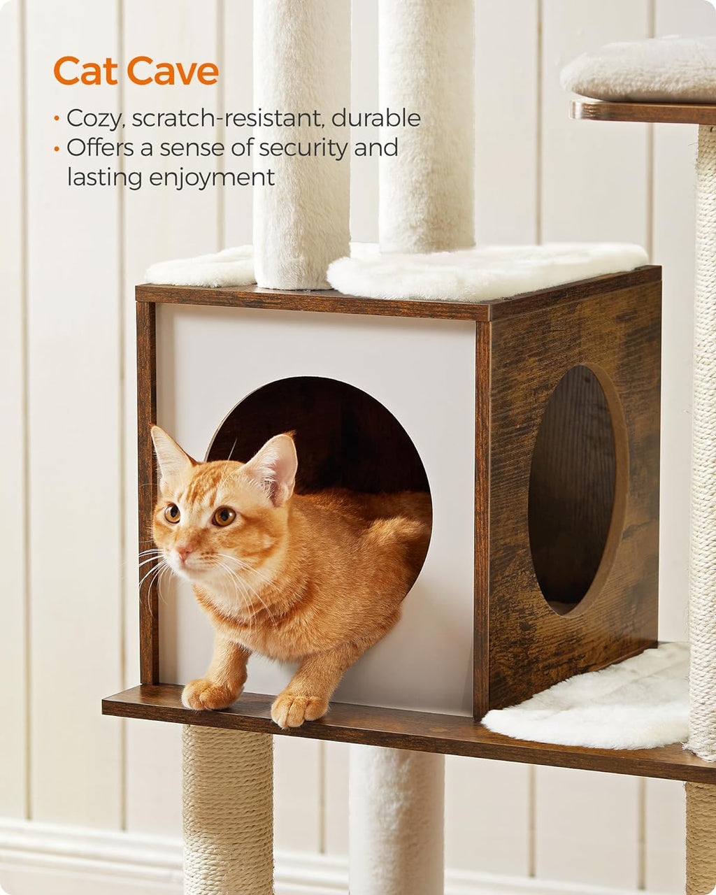 Cat Tree, 64.6-Inch Modern Cat Tower, Multi-Level Condo with 5 Scratching Posts, Perch, Washable Removable Cushions, Cave, Rustic Brown UPCT166X01 | Modern Cat Condo for Indoor Cats, Perch, Washable Removable Cushions, Rustic Brown, CAEN Collection UPCT166X01