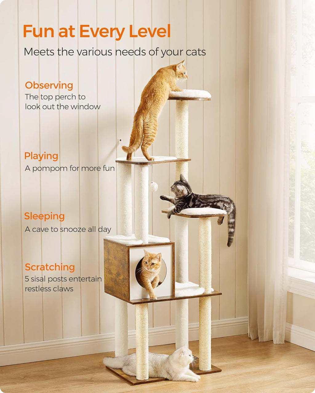 Cat Tree, 64.6-Inch Modern Cat Tower, Multi-Level Condo with 5 Scratching Posts, Perch, Washable Removable Cushions, Cave, Rustic Brown UPCT166X01 | Modern Cat Condo for Indoor Cats, Perch, Washable Removable Cushions, Rustic Brown, CAEN Collection UPCT166X01