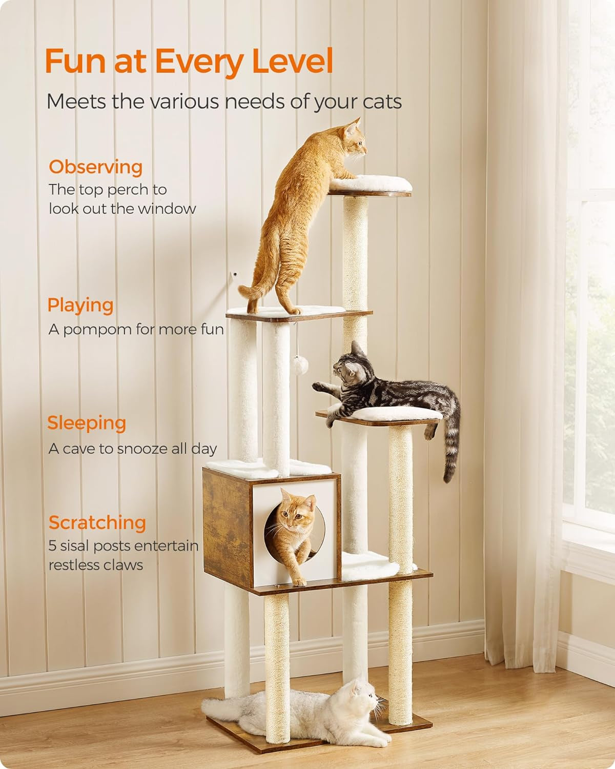 Cat Tree, 64.6-Inch Modern Cat Tower, Multi-Level Condo with 5 Scratching Posts, Perch, Washable Removable Cushions, Cave, Rustic Brown UPCT166X01 | Modern Cat Condo for Indoor Cats, Perch, Washable Removable Cushions, Rustic Brown, CAEN Collection UPCT166X01